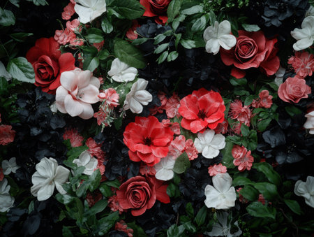 Dark romantic floral arrangement with red, white, and black flowersの素材