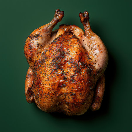 Roasted whole chicken with herbs on dark green backgroundの素材