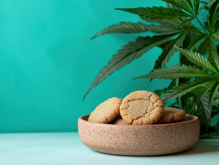 Delicious cannabis-infused cookies in a rustic bowlの素材