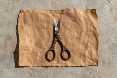 Antique scissors on crumpled brown paperの素材