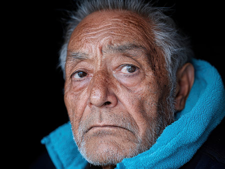 Close-up portrait of a senior man with wrinkles and gray hairの素材