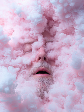 Surreal portrait of a man engulfed in pink and white cloudsの素材