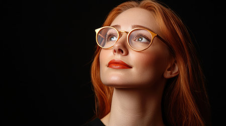Close-up portrait of a beautiful redhead woman wearing gold-rimmed glassesの素材
