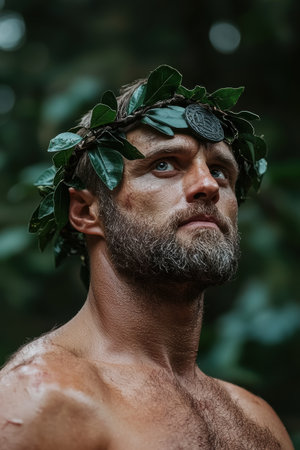 Portrait of a muscular man with a laurel wreath and a medallion on his foreheadの素材