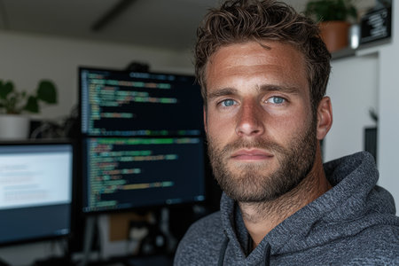 Portrait of a focused programmer working late at nightの素材