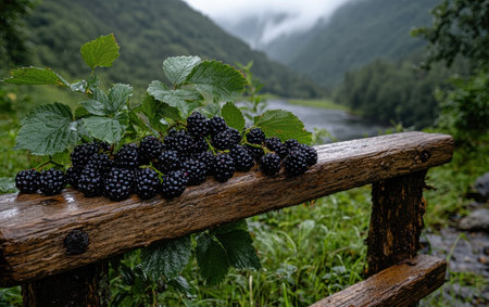 Fresh blackberries on a wooden fence in a mountain landscapeの素材