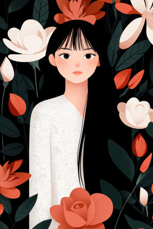 Beautiful girl surrounded by flowersの素材