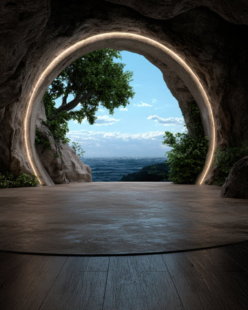 Circular window in a cave overlooking the oceanの素材