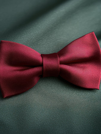 Red bow tie on dark green fabricの素材