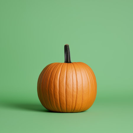 Single ripe orange pumpkin on green backgroundの素材