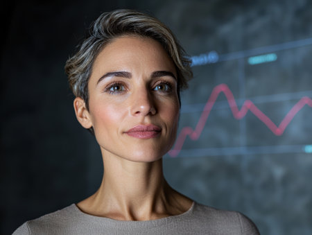 Confident businesswoman looking at stock market graphの素材