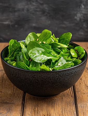 Fresh green salad in a black bowl on a wooden tableの素材