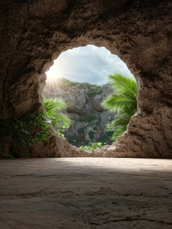 Sunlit cave opening with tropical plants and ocean viewの素材