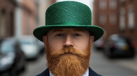 Close-up portrait of a redhead man wearing a green hatの素材