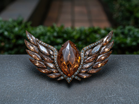 Elegant winged brooch with orange gemstone and diamondsの素材