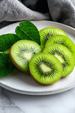 Close-up of sliced kiwis on a plate with green leavesの素材