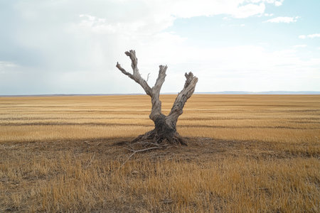 Lonely dead tree in a harvested fieldの素材