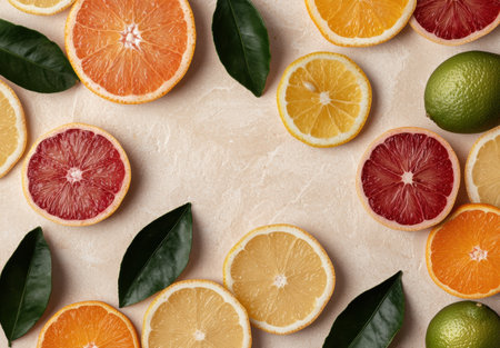 Citrus fruits background, overhead shot of orange, lemon, grapefruit slices with green leavesの素材