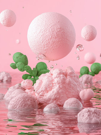 Abstract pink and green spheres and rocks floating in waterの素材