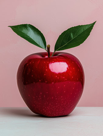 Single red apple with green leaves on pink backgroundの素材