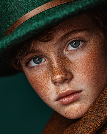 Close-up portrait of a freckled redhead child wearing a green hatの素材