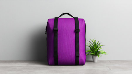 Purple backpack on a gray floor against a white wallの素材