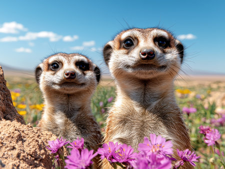 Two meerkats looking at the camera in a field of flowersの素材