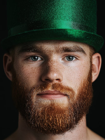 Close-up portrait of a redhead man with freckles wearing a green top hatの素材