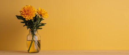 Two yellow flowers in a mason jar on a yellow backgroundの素材
