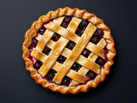 Overhead view of a delicious homemade cherry pie with a lattice crustの素材