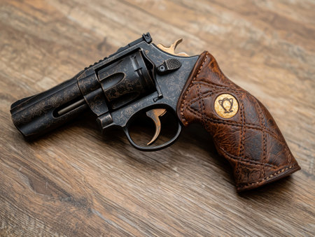 Ornate Engraved Revolver with Leather Grip on Wooden Surfaceの素材