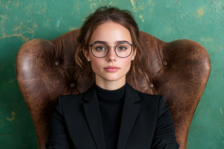 Confident young businesswoman in glasses sitting in a leather chairの素材