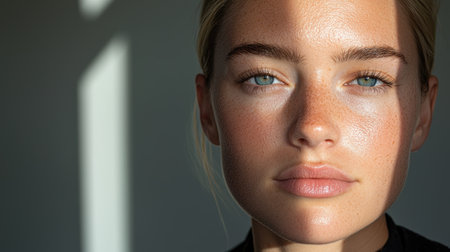 Close-up portrait of a young woman with freckles and blue eyesの素材
