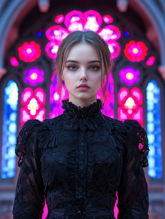 Portrait of a young woman in a black lace dress, standing in front of a stained-glass windowの素材