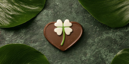 Heart-shaped chocolate with four-leaf clover decoration on dark green backgroundの素材