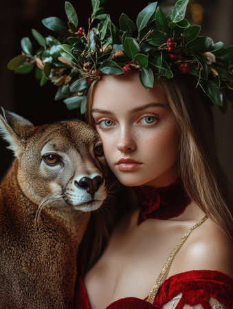 Young woman with a caracal and flower crownの素材