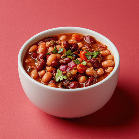 A bowl of hearty three-bean soup with vegetablesの素材