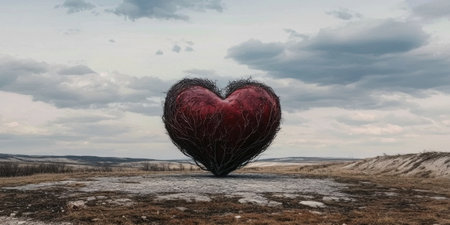 Giant heart sculpture in a desolate landscapeの素材