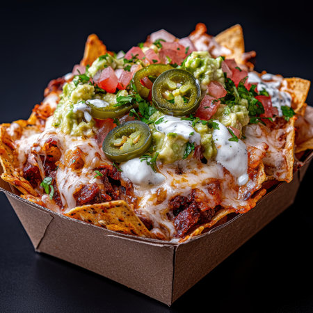 Loaded nachos with melted cheese, guacamole, jalapenos, and pico de galloの素材