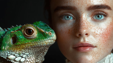 Close-up portrait of a young woman with freckles and a green lizardの素材