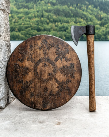 Medieval axe and shield on stone surface near lakeの素材