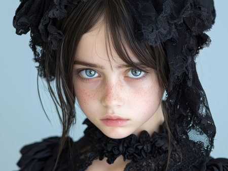 Portrait of a girl with blue eyes and freckles wearing a black lace dressの素材