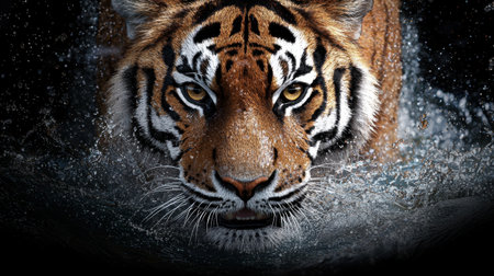 Closeup of a tiger emerging from waterの素材