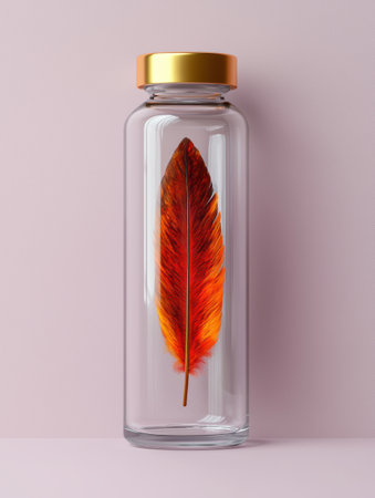 Single orange feather in a glass bottle on pink backgroundの素材
