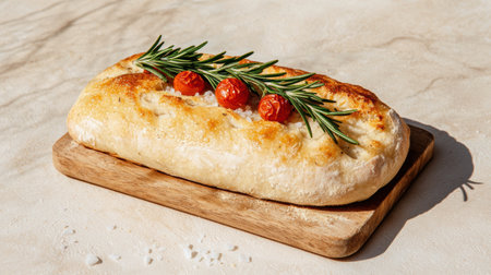 Rosemary focaccia bread with cherry tomatoes and sea salt on a wooden boardの素材