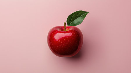 Single red apple with leaf on pink backgroundの素材