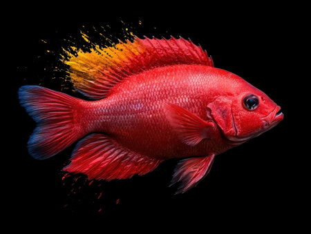 Red fish with splash of paint, black backgroundの素材