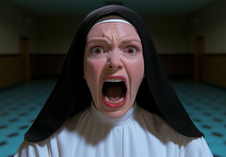 Terrified nun screaming in a dark hallwayの素材