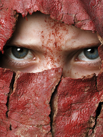 Close-up of a face peering through a cracked red surfaceの素材