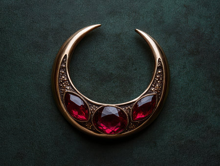 Crescent moon necklace with red gemstones on dark green backgroundの素材